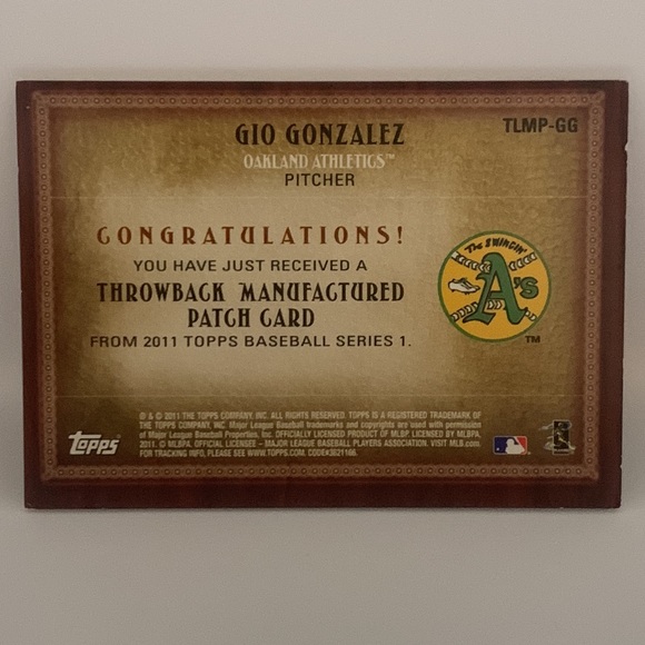2011 Topps Gio Gonzalez A’s Throwback Patch Relic Card #TLMP-GG (012) - Picture 2 of 2